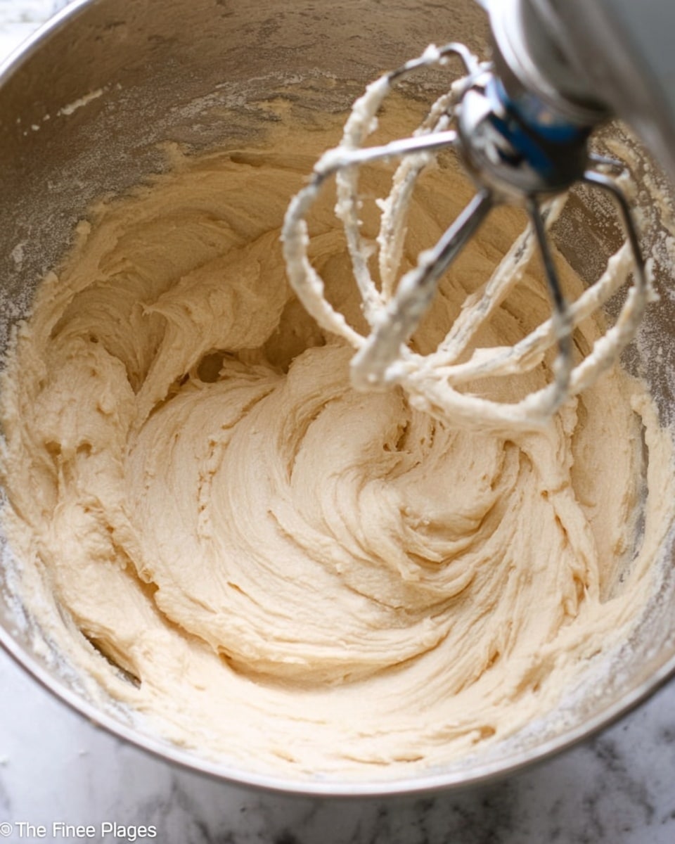 A close-up view of thick, creamy dough inside a large silver mixing bowl, with a metal whisk attachment partially covered in the dough above it. The dough is pale beige and smooth with soft, swirled folds showing its fluffy texture. The bowl has some flour dusted along the inner sides, and the background is a white marbled surface. photo taken with an iphone --ar 4:5 --v 7