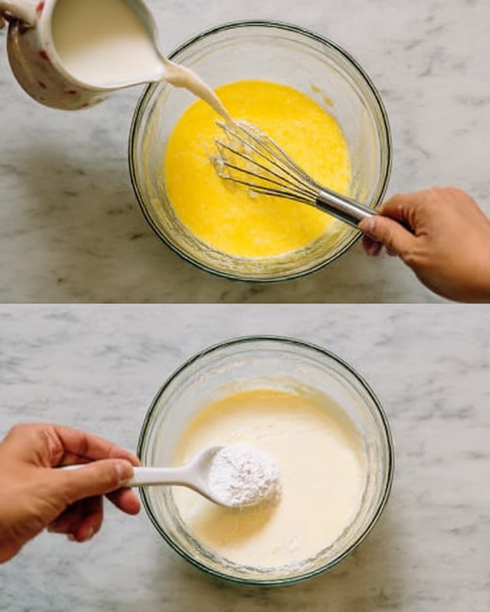 The first part of the image shows a clear glass bowl with a yellow mixture inside, likely butter and sugar, being mixed with a silver hand whisk held by a woman's hand. A white measuring cup is pouring milk into the bowl from above. The second part shows the same glass bowl with a smooth, creamy white batter inside, and a woman's hand holding a white measuring spoon adding a white powder ingredient on top. Both scenes are set on a white marbled surface photo taken with an iphone --ar 4:5 --v 7
