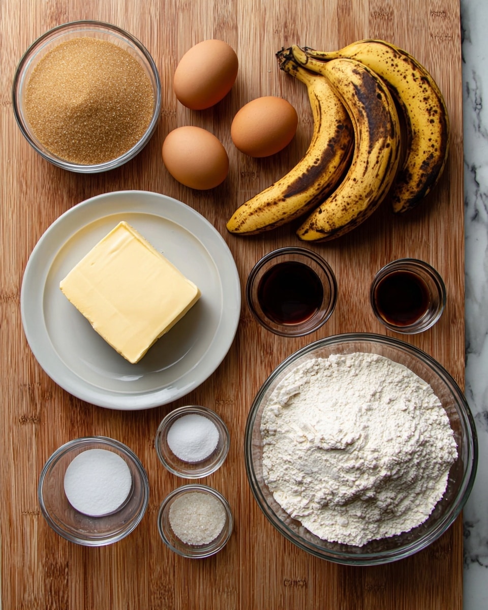 The image shows a wooden surface with several baking ingredients neatly arranged in clear glass bowls and a small white plate. From left to right, there is a bowl of light brown sugar, a white plate with a thick square of yellow butter, two brown eggs, two ripe bananas with dark spots on their skins lying next to each other, a large bowl filled with white flour, and four small glass bowls containing salt, baking powder, baking soda, and a small amount of water. There is also a small bowl with dark brown vanilla extract above the eggs. The background is a white marbled texture. photo taken with an iphone --ar 4:5 --v 7
