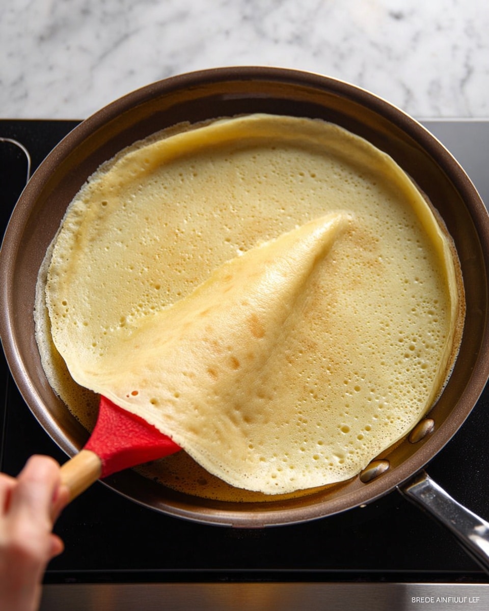 A thin, light golden-yellow crepe is being lifted from a round non-stick pan by a woman's hand holding a red and black wooden spatula. The crepe has small bubbles and an even texture with slightly darker golden edges. The pan, which sits on a stovetop burner, shows a metallic dark gray surface with a smooth edge. The background features a white marbled texture. photo taken with an iphone --ar 4:5 --v 7