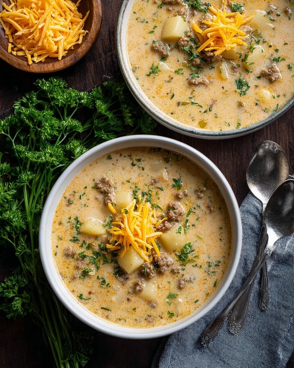 Two white bowls filled with a creamy soup containing chunks of potato and bits of ground meat, topped with a small pile of shredded orange cheese and sprinkled with green herbs. The soup has a light beige color with visible pieces floating inside, showing a thick texture. The bowls are placed on a dark wood surface with fresh green herbs and a wooden bowl with more shredded cheese nearby. There is also a grey cloth napkin and two silver spoons on the side. photo taken with an iphone --ar 4:5 --v 7