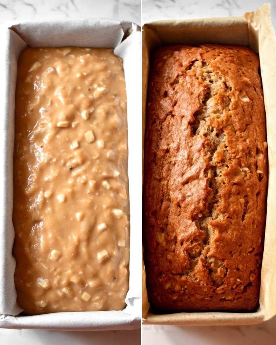 The image shows two side-by-side views of a banana bread batter and the finished banana bread. On the left is a rectangular pan lined with white parchment paper filled with a thick, light tan batter with small, pale chunks mixed throughout, creating a lumpy texture. On the right is the fully baked loaf, golden brown on top with a rough, cracked surface that reveals a soft inside. The bread is still in the same pan with parchment paper lining visible at the edges. The background is a white marbled texture. photo taken with an iphone --ar 4:5 --v 7