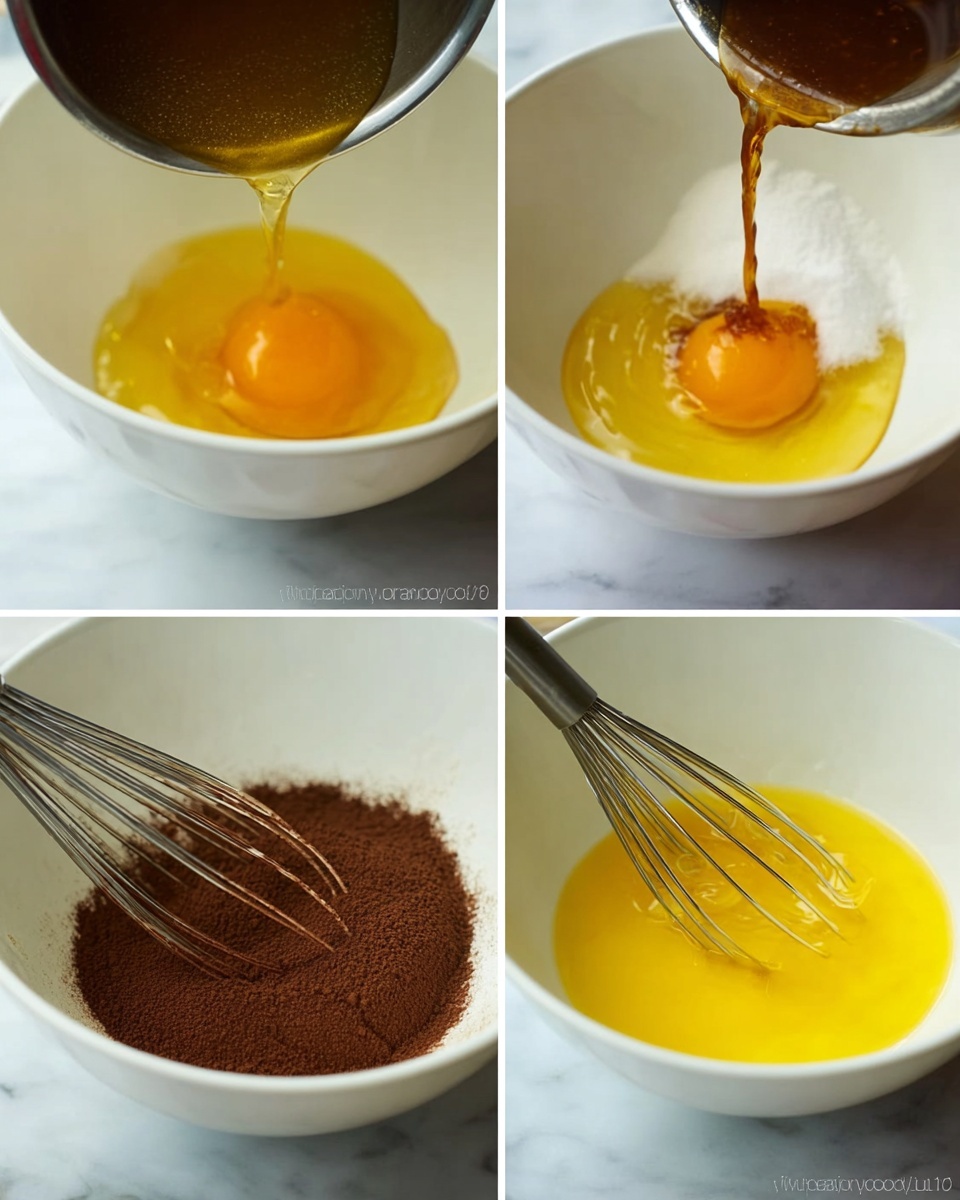 The image shows a step-by-step mixing process in a clear white bowl on a white marbled surface. First, a silvery metal bowl pours a yellow-orange liquid over a bowl with white sugar and a whisk. Then, the bowl contains a smooth yellow mixture with an egg yolk and the whisk resting inside. Next, a close-up of the yellow liquid mixture with the whisk, with a vanilla extract bottle blurred in the background. Finally, a dark brown powder is poured into the bowl on top of the yellow liquid, covering part of the whisk. photo taken with an iphone --ar 4:5 --v 7