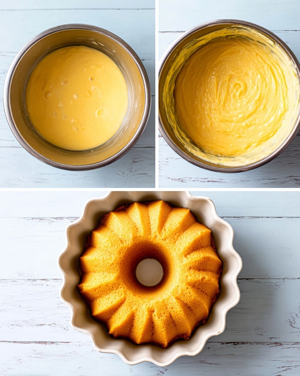 A sequence of three images shows the process of making a cake batter. The first image features a round metal bowl filled with smooth, yellow batter of a creamy texture, with some light spots on the surface, placed on a white marbled surface. The second image shows the same yellow batter now poured evenly into a white Bundt pan with scalloped edges, filling it close to the top. In the third image, the batter in the pan is baked into a light golden brown cake with a slightly shiny surface, maintaining the same scalloped shape and central hole, still resting on the white marbled surface. Photo taken with an iphone --ar 4:5 --v 7