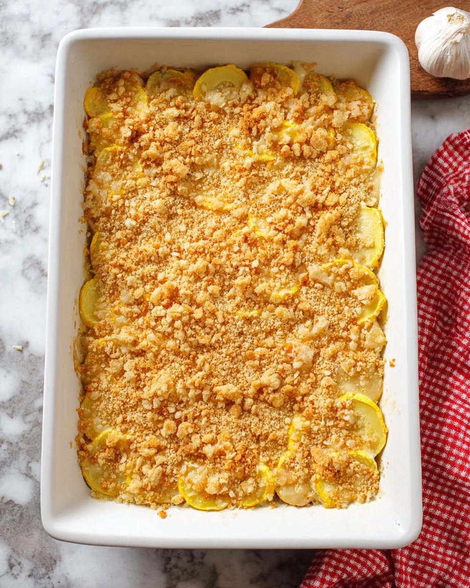 The image shows a white rectangular dish filled with a baked casserole that has a textured, golden-brown crumb topping. Underneath the topping, thin slices of yellow squash are visible, arranged in a single layer. The crumb layer looks crunchy with small pieces of breadcrumbs scattered evenly across the top. The dish sits on a white marbled surface, and a red and white checkered cloth is partially visible in the bottom right corner, with a bulb of garlic placed nearby. Photo taken with an iphone --ar 4:5 --v 7