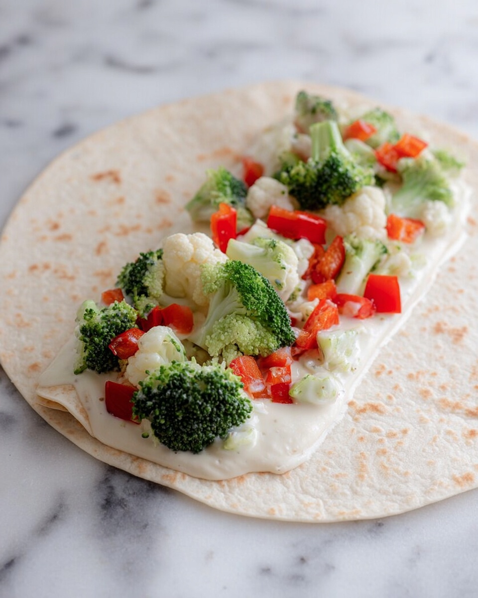 A soft tortilla is partially rolled on a white marbled surface, revealing a creamy white sauce spread evenly across it. On top of the sauce, there are small pieces of fresh green broccoli florets, white cauliflower bits, and bright red bell pepper chunks scattered evenly. The colors contrast well with the light tortilla and sauce, giving a fresh and colorful look. Photo taken with an iphone --ar 4:5 --v 7