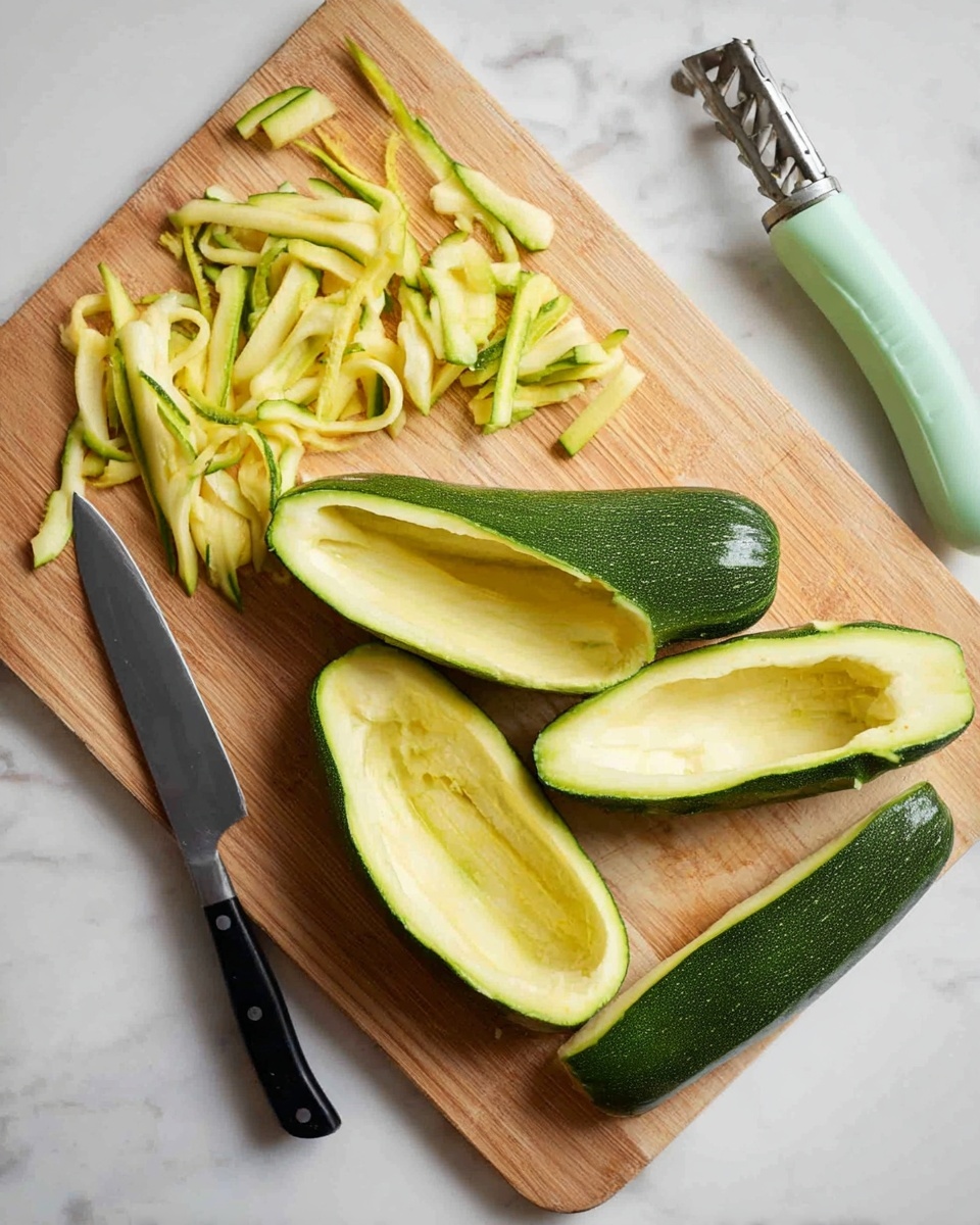 On a wooden cutting board placed on a white marbled surface, there are three hollowed-out zucchini halves showing their light green inner flesh and dark green outer skin arranged in a loose triangle shape. Thin, yellow zucchini strips with a curly texture lie scattered near a large kitchen knife with a black handle and a vegetable peeler with a mint green handle, both placed side by side. The zucchini pieces and tools create a casual cooking scene focused on the preparation process photo taken with an iphone --ar 4:5 --v 7