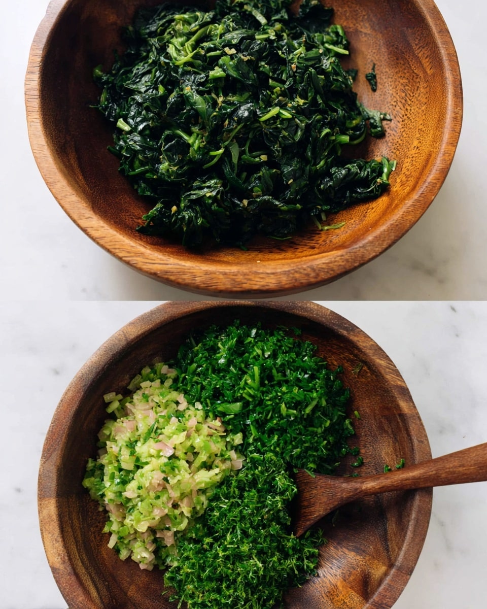 The image shows two wooden bowls on a white marbled surface. The top bowl is filled with dark green cooked chopped spinach with a moist texture. The bottom bowl contains three different layered ingredients: on the left, finely chopped light green and beige pieces with a soft texture; in the middle, a pile of bright fresh green chopped herbs with a fluffy texture; and on the right, the dark green cooked chopped spinach similar to the top bowl. A wooden spoon is partially visible resting inside the bottom bowl. Photo taken with an iphone --ar 4:5 --v 7