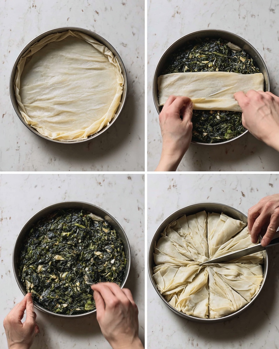 The image shows four small photos placed in a grid, each depicting steps of making a layered pie in a round metal pan on a white marbled surface. The first photo has a single layer of pale filo dough lining the pan, filled with a thick layer of chopped dark green spinach mixed with light bits of other ingredients. The second photo shows a pair of woman's hands covering the spinach with another wrinkled, shiny pale filo dough layer. The third photo captures a pair of woman's hands tucking the edges of the top filo dough layer neatly around the pan rim, creating soft folds. The last photo shows the filo pie fully covered with thin wrinkled top layers brushed with oil, being scored into sections with a serrated knife held by woman's hands. photo taken with an iphone --ar 4:5 --v 7