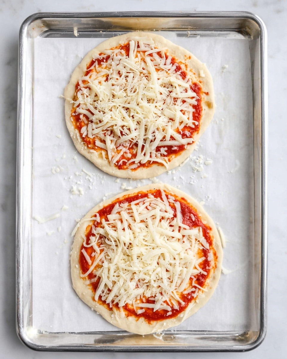 Two small flat pizzas on a silver metal tray lined with white parchment paper. Each pizza has a thin, light tan crust. On each crust is a layer of bright red tomato sauce spread in a circle leaving a small border. On top of the sauce is a thick layer of shredded white cheese scattered evenly but with some gaps. The tray is set on a white marbled surface. photo taken with an iphone --ar 4:5 --v 7