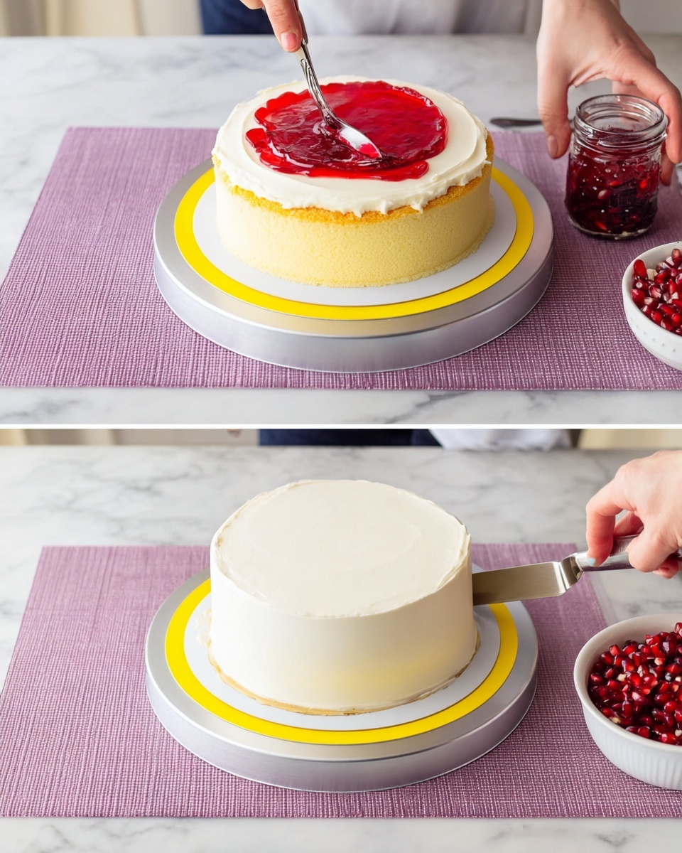 The first image shows a single-layer round cake with a light yellow color, topped with a thick, smooth layer of white frosting. A woman's hand is spreading a bright red jelly layer in the center of the cake using a spoon, with a jar of the jelly held in the other woman's hand. The cake sits on a white cake board placed on a silver cake turntable with a yellow ring around the edge, all set on a light purple textured mat on top of a white marbled surface. The second image shows the same cake now fully covered with an even layer of white frosting on all sides, shaped into a smooth round cake. A woman's hand is holding a straight spatula used to smooth the frosting, while the cake sits on the same silver turntable with a yellow ring, on the purple mat over the white marble surface. A white bowl filled with red pomegranate seeds is visible at the lower right corner. photo taken with an iphone --ar 4:5 --v 7