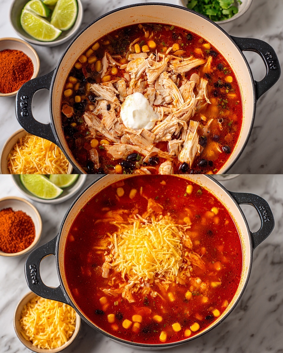 The image shows a white pot with black handles filled with a red soup. The soup has three main layers: the bottom is a red broth filled with visible corn kernels and black beans, the middle layer features shredded light-colored cooked chicken piled in the center, and on top, the right side pot adds a mound of shredded yellow cheese sitting on a dollop of white sour cream, slightly melting into the soup. Around the pot, there are small bowls containing lime wedges, shredded cheese, and chili powder, all placed on a white marbled surface. photo taken with an iphone --ar 4:5 --v 7