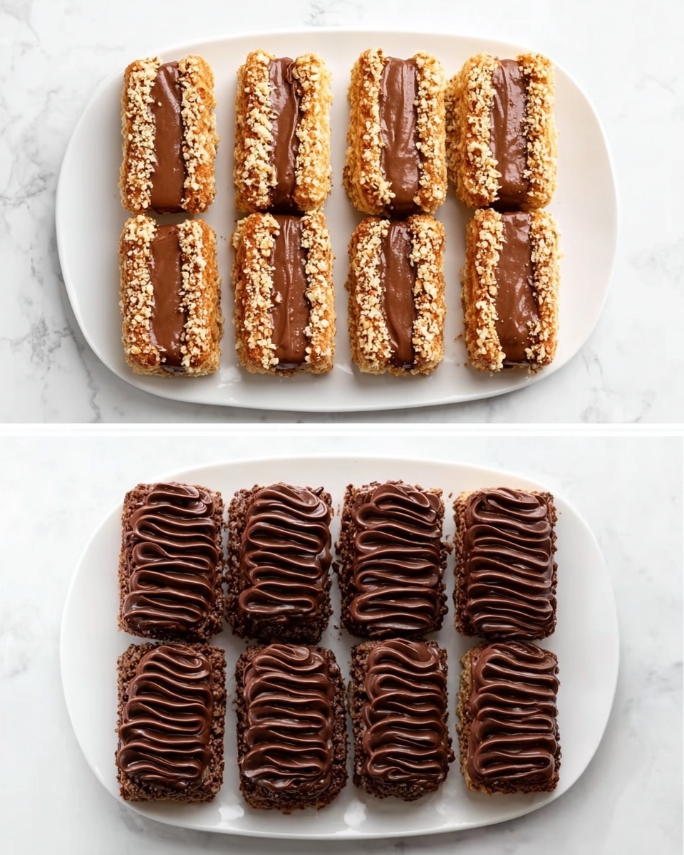 The top part of the image shows eight small rectangular pastries on a white plate with a white marbled surface underneath. Each pastry has two layers of golden brown dough with a thick layer of smooth milk chocolate spread in the middle, and the sides are coated in chopped nuts. The bottom part of the image shows the same eight pastries on a white plate and white marbled surface. Now, the top layer of each pastry is covered with thick, dark chocolate frosting piped in neat wavy lines, and the sides remain coated with chopped nuts. Photo taken with an iphone --ar 4:5 --v 7