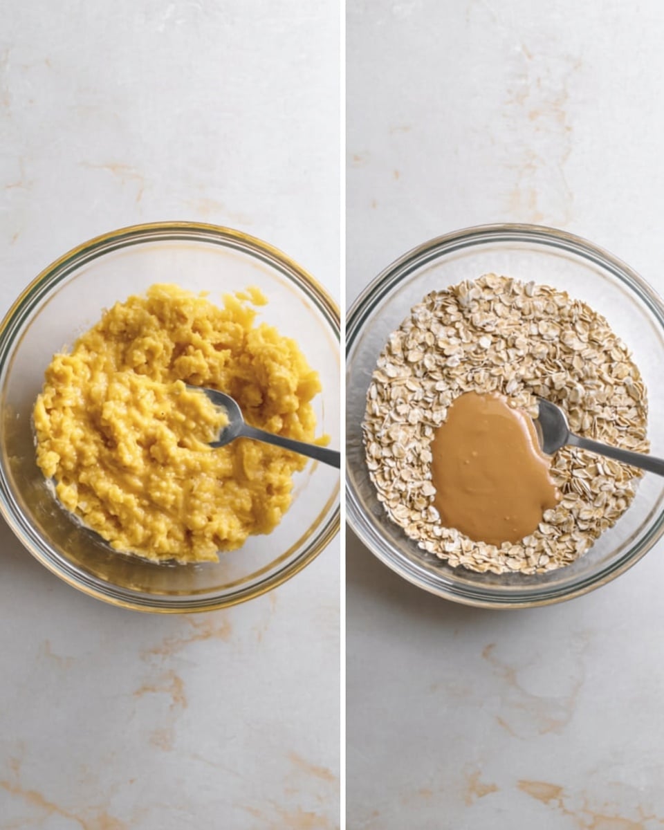 The first image shows a clear glass bowl filled with a mashed yellow mixture, with a silver fork resting inside the bowl on a white marbled surface. The second image features the same clear glass bowl, now containing a layer of rolled oats with a thick, smooth, light brown mixture poured over one side, and a silver fork resting inside the bowl, also placed on the white marbled surface. photo taken with an iphone --ar 4:5 --v 7
