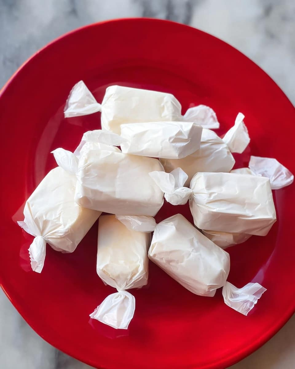 The image shows a white marbled surface with a red plate filled with several pieces of candy. Each candy is wrapped in plain white paper, twisted at both ends to secure the wrapping. The candies vary in size but mostly have a rectangular shape. The smooth texture of the candy wrappers contrasts with the shiny red plate. The candies are arranged in a loose pile, covering most of the plate's surface. photo taken with an iphone --ar 4:5 --v 7