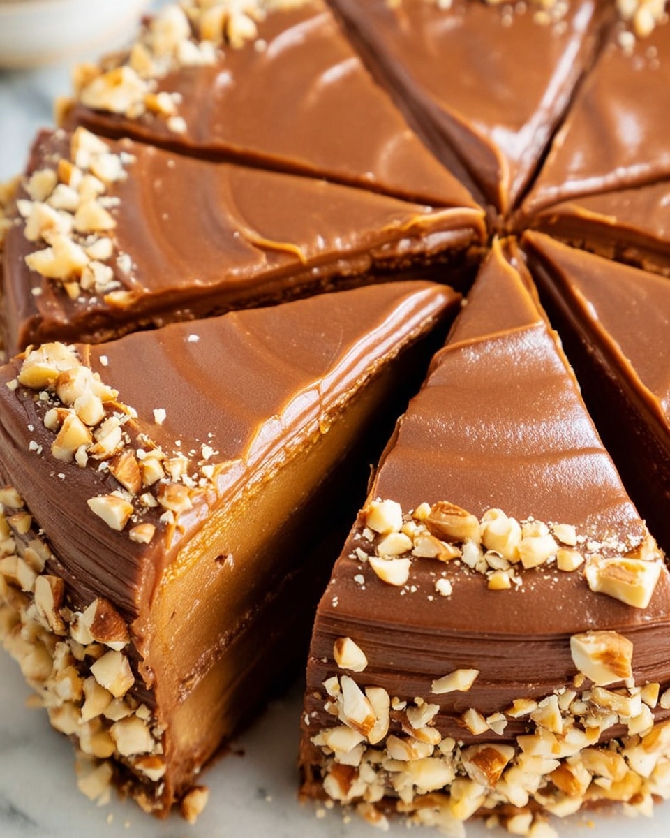 A close-up view of a round cake sliced into pieces, each slice covered with smooth, shiny milk chocolate frosting in multiple thick layers that create a soft, creamy texture. The cake edges show a thick layer of chocolate frosting wrapping around, and the top of each slice has a neat, thin line of frosting with a few crushed nuts sprinkled on one side. The base of the cake is surrounded by a border of larger chopped nuts spread evenly. The cake sits on a white marbled surface. photo taken with an iphone --ar 4:5 --v 7