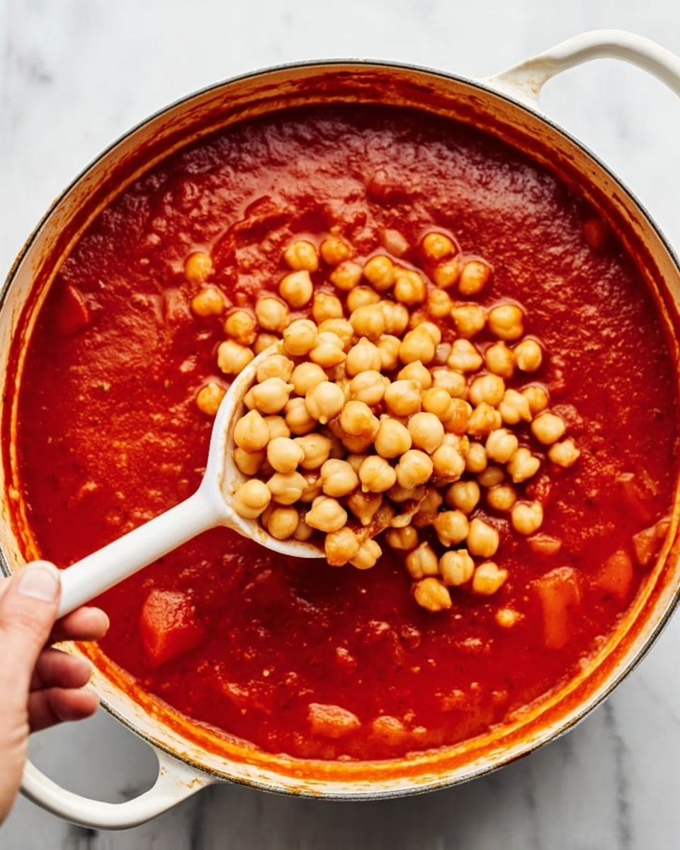 A close-up view of a white pot filled with thick red tomato sauce. The sauce has a smooth texture with visible chunks of tomatoes. A white spoon is held by a woman's hand, lifting a pile of light beige chickpeas above the sauce. The pot sits on a white marbled surface. The image captures the contrast between the deep red sauce and the pale chickpeas, highlighting the mix of colors and textures. photo taken with an iphone --ar 4:5 --v 7