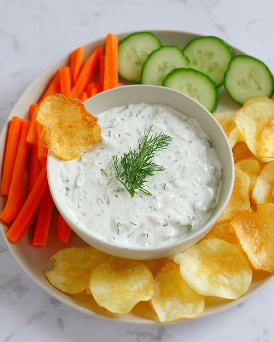 A white plate with a bowl of white creamy dip with green herbs inside in the center, topped with a small sprig of fresh dill. Around the bowl, there are bright orange carrot sticks on the left, light yellow potato chips on the right and upper left, and sliced green cucumbers at the top, arranged in a semi-circle. One potato chip is dipped in the creamy herb dip, leaning against the bowl. The plate is set on a white marbled surface. photo taken with an iphone --ar 4:5 --v 7