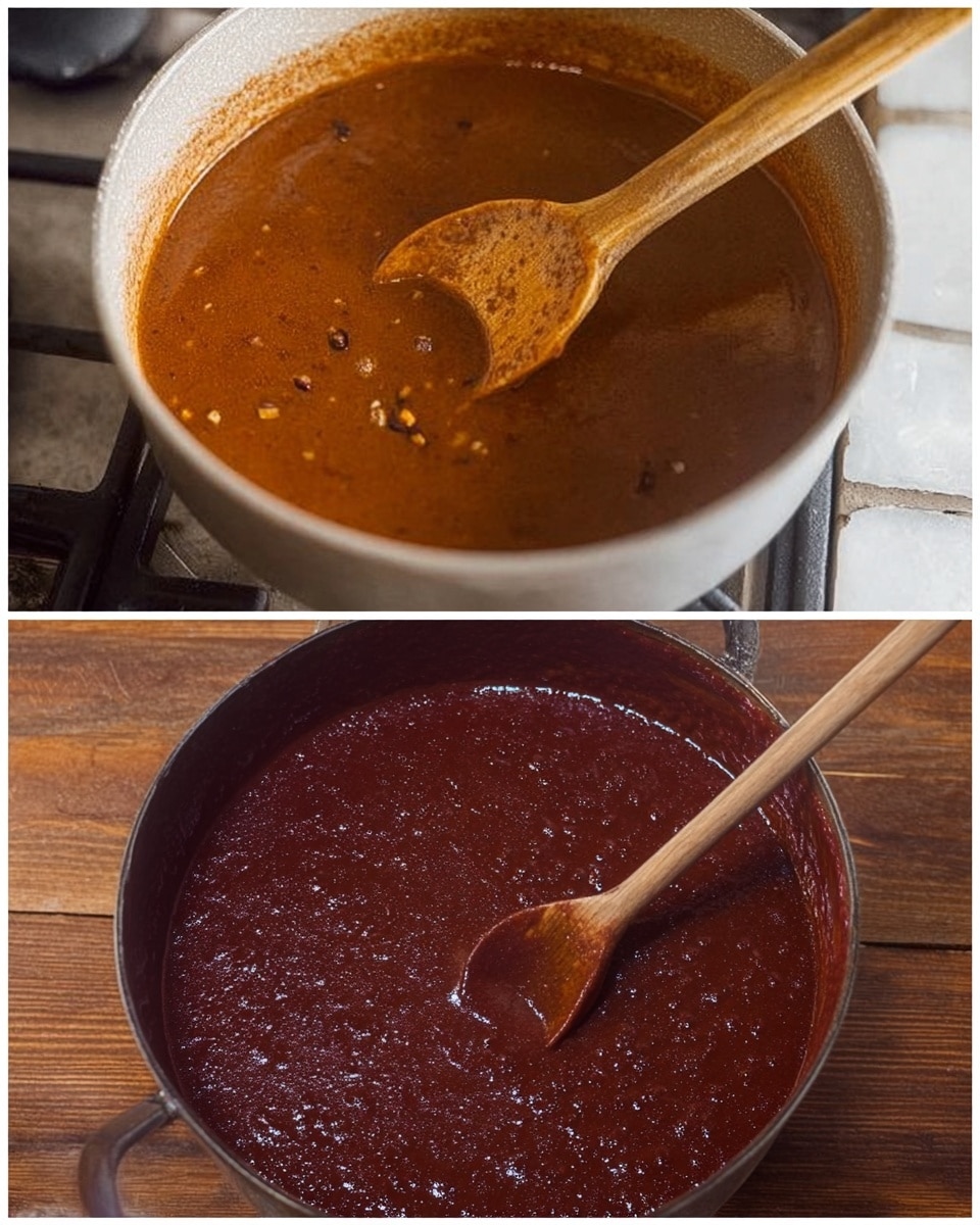 The image shows two close-up shots of food in cookware. The top part has a pot on a white marbled stove with a thick, light brown sauce simmering gently. A wooden spoon with some sauce on it rests inside the pot, with the sauce showing small spices or seeds floating. The bottom part has a pot filled with a darker, deep reddish-brown thick sauce, sitting on a wooden surface. A wooden spoon is dipped on the right side of this pot. The sauces have smooth textures with visible bubbles or bits, showing different cooking stages photo taken with an iphone --ar 4:5 --v 7