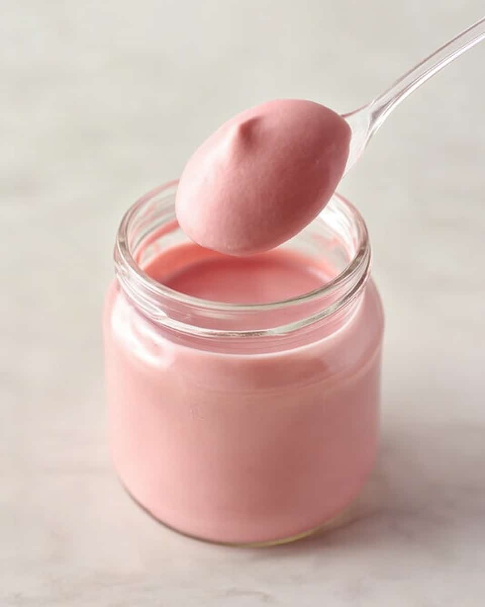 A clear glass jar filled with smooth, thick pink yogurt, with a clear spoon lifting a rounded scoop of the yogurt above the jar. The yogurt is uniform in color and texture, soft and creamy, showing gentle curves and a glossy surface. The background is a white marbled texture, keeping the focus on the jar and spoon. photo taken with an iphone --ar 4:5 --v 7