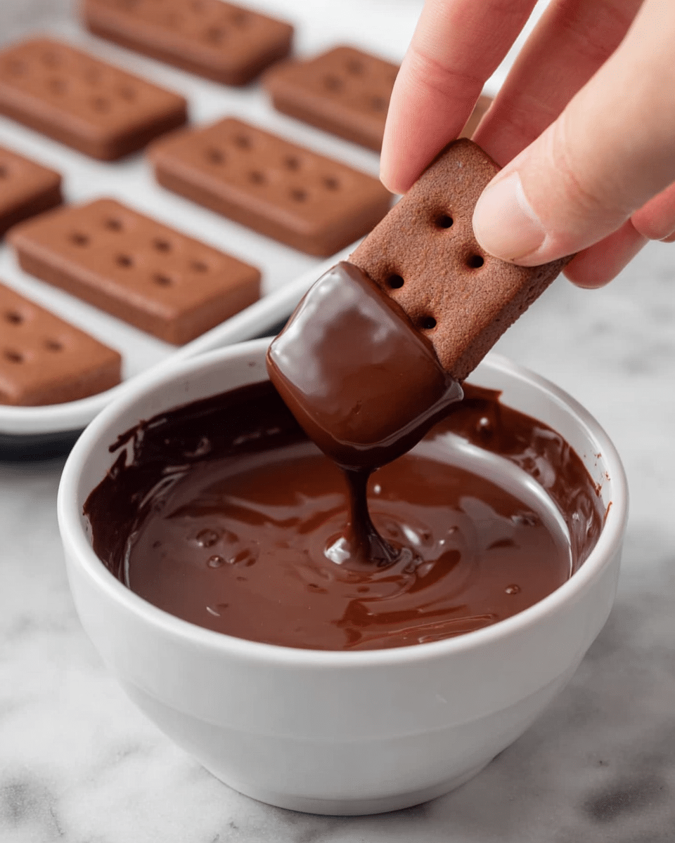 A woman's hand is dipping a small, rectangular dark brown cookie with two small holes into a white bowl filled with smooth, glossy melted chocolate. The cookie's bottom half is covered in the thick chocolate, creating a shiny layer that contrasts with the matte texture of the cookie top. In the background, there is a white tray on a white marbled surface holding several more of the same cookies, evenly spaced and ready for dipping. The scene focuses on the close-up action of dipping, showing the rich texture of the chocolate and the cookie. photo taken with an iphone --ar 4:5 --v 7