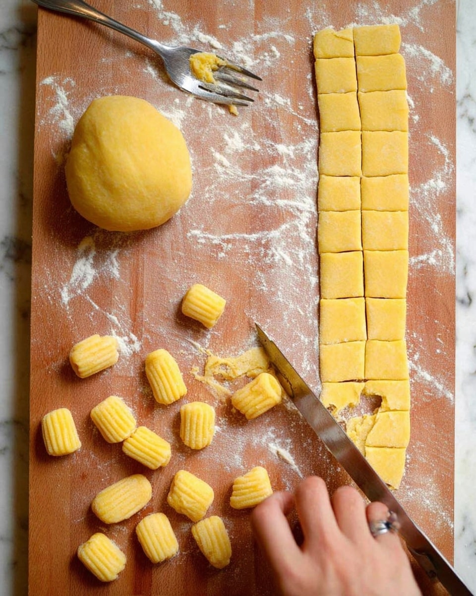A wooden cutting board with a ball of smooth yellow dough on the left. To the right, a long strip of dough is being cut into small square pieces by a woman's hand using a knife. Below the strip, the small dough pieces are arranged in a line. Scattered across the lower part of the board are small, ridged gnocchi pieces, made by pressing a fork against the dough. There is some flour dusted on the board and a silver fork lying near the gnocchi. The background is a white marbled surface. Photo taken with an iphone --ar 4:5 --v 7