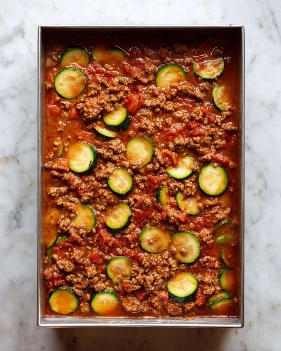 A rectangular metal pan filled with one layer of stew-like mix, containing small cooked ground meat pieces, tomato chunks in a red sauce, and visible slices of green zucchini spread evenly across the surface. The texture looks soft and juicy with a slightly thick sauce binding the ingredients together. The pan sits on a white marbled textured surface. Photo taken with an iphone --ar 4:5 --v 7