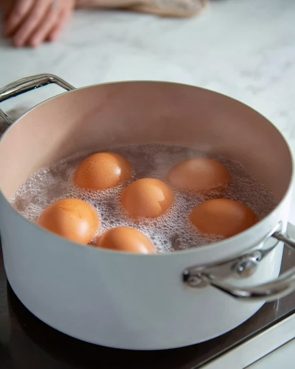 A white pot filled with water boiling on a stovetop, with six brown eggs fully submerged inside. The water is bubbling around the eggs, showing steam rising slightly. The pot has a metal handle and a small round vent hole visible near the rim. The background includes a blurry white marbled surface and a woman's hand resting near the stove. photo taken with an iphone --ar 4:5 --v 7