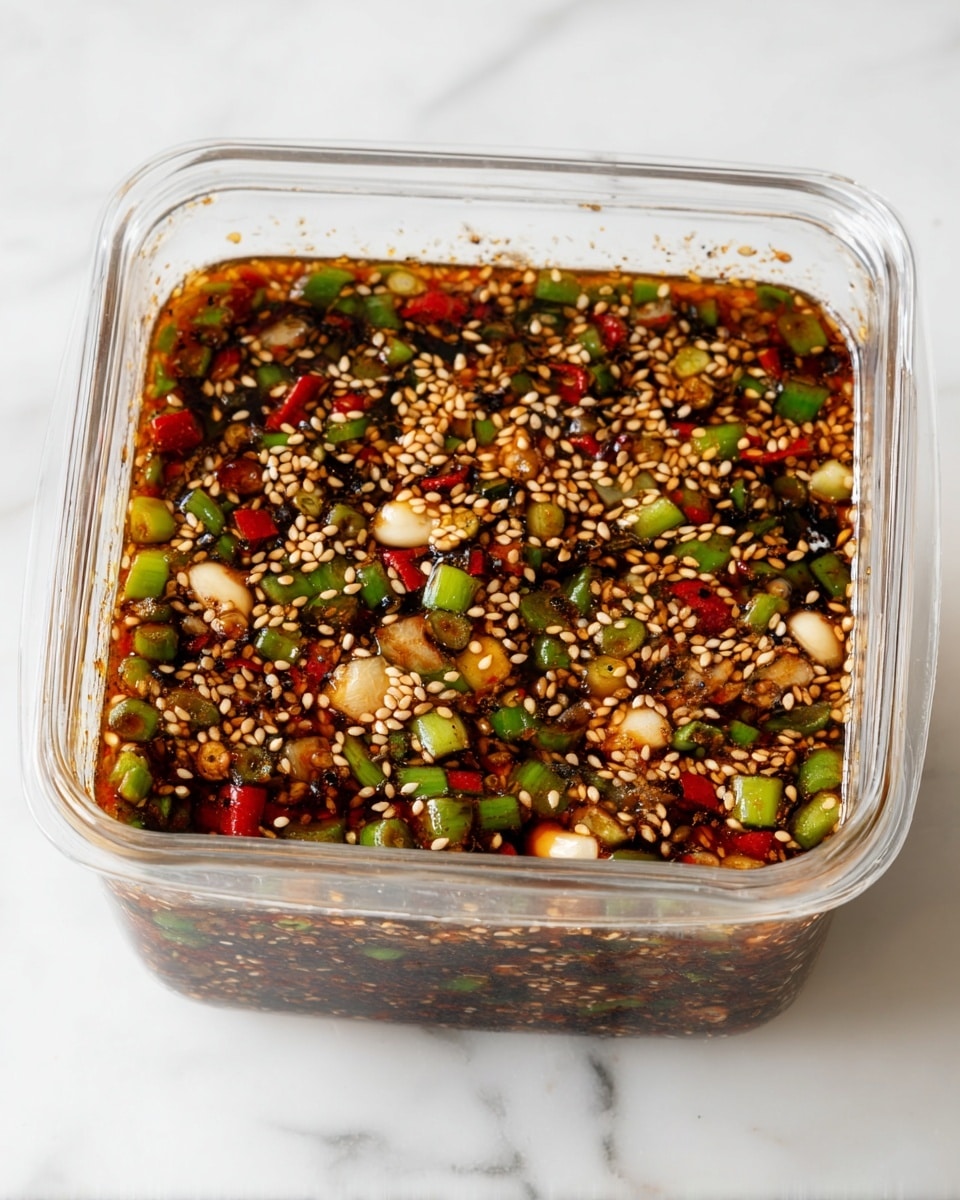 A clear square glass container filled with a dark brown sauce mixed with small pieces of green onions, red chili slices, and white garlic chunks. The top layer is covered evenly with light brown sesame seeds that float on the sauce surface. The container sits on a white marbled surface, and the sauce inside shows a mix of colors and textures from the ingredients submerged below the sesame seed layer. photo taken with an iphone --ar 4:5 --v 7