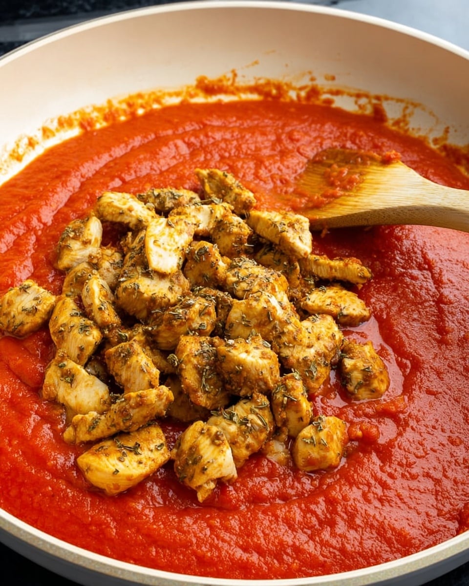 In a white pan, there is a thick layer of bright red tomato sauce with a smooth and slightly chunky texture covering the bottom and sides. On top of the sauce, a pile of golden brown cooked chicken pieces with visible herbs and spices sits in the center. A wooden spoon is partially placed on the sauce near the chicken, showing some sauce on its surface. The edges and inside of the pan have bits of sauce splashed around. The photo is taken with an iphone --ar 4:5 --v 7