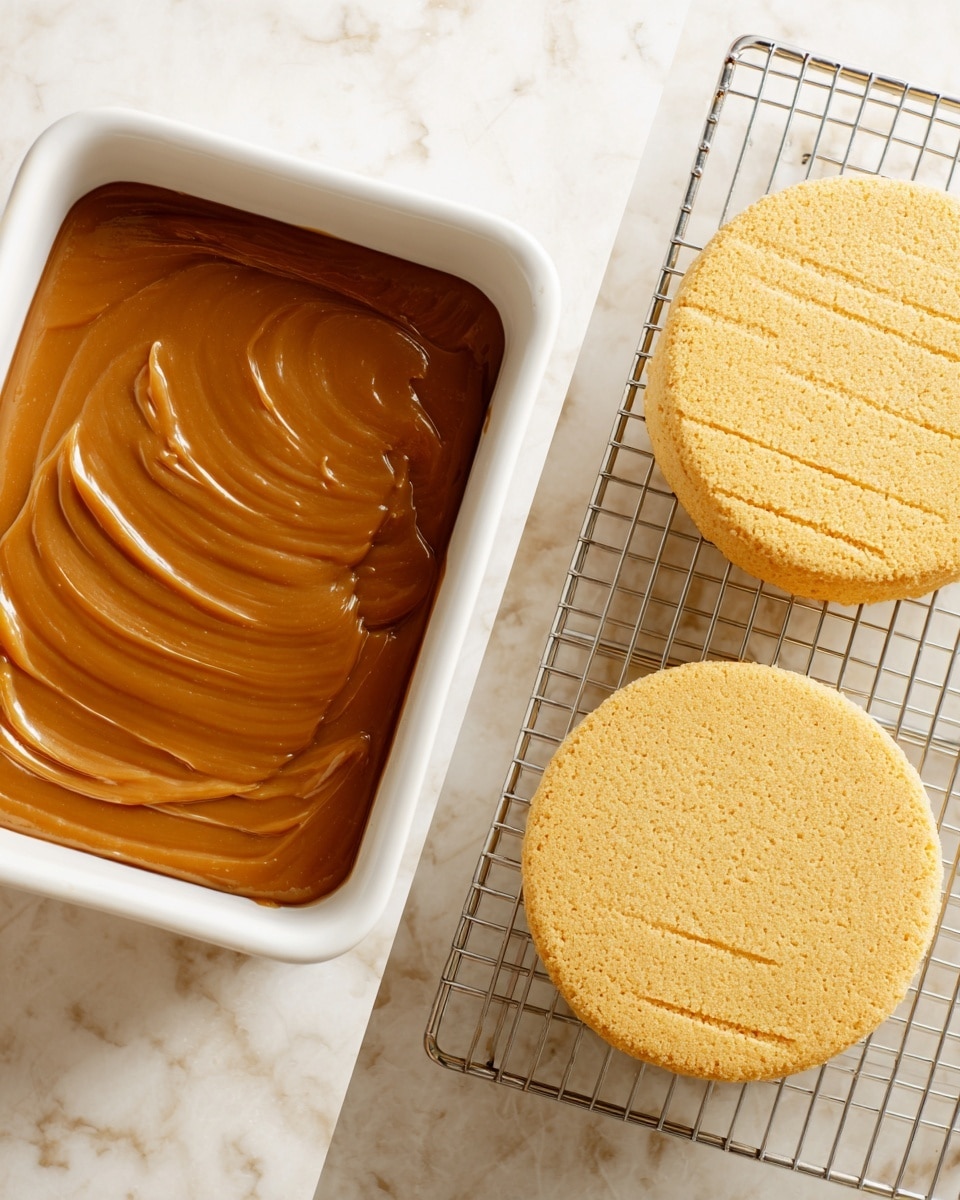 The image shows two scenes side by side on a white marbled surface. On the left, there is a white rectangular baking dish filled with a smooth and shiny caramel-colored mixture, evenly spread with visible swirls. On the right, two round, light golden cakes with slightly textured tops are resting on a wire cooling rack. The cakes have faint lines running across their tops, indicating they have been gently pressed or marked. photo taken with an iphone --ar 4:5 --v 7