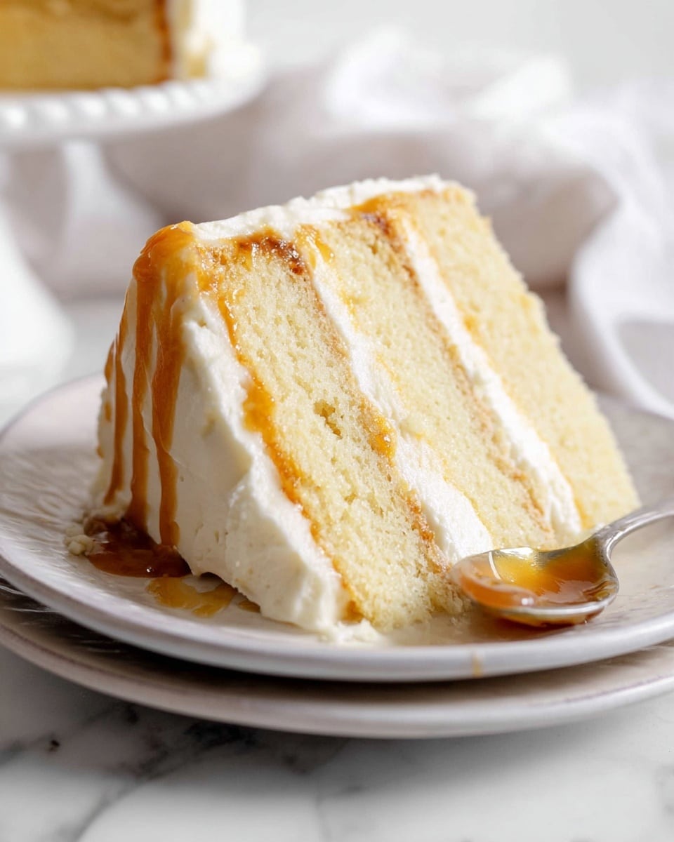 A slice of three-layer light yellow cake sits on two stacked white plates with a slight edge design. Each cake layer is soft and fluffy with a light texture. Between the layers are two thin layers of white creamy frosting and two thicker layers of shiny golden caramel sauce that slightly drip down the sides. The top of the cake slice is iced with smooth white frosting. The plates rest on a white marbled surface, and in the foreground, there is a spoon with some caramel sauce on it, adding to the cozy feel. Photo taken with an iphone --ar 4:5 --v 7
