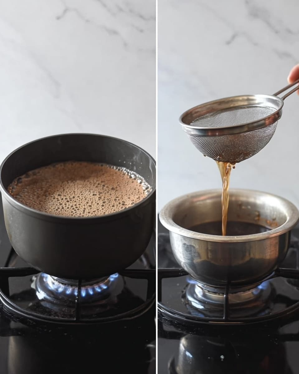 The image shows two side-by-side scenes related to making a drink. On the left, there is a black pot on a gas flame with a frothy brown liquid inside, bubbling and steaming. On the right, a dark brown liquid is being poured through a metal strainer into a shiny steel bowl below, with a woman's hand holding the strainer. The backgrounds and other surfaces have a white marbled texture. photo taken with an iphone --ar 4:5 --v 7