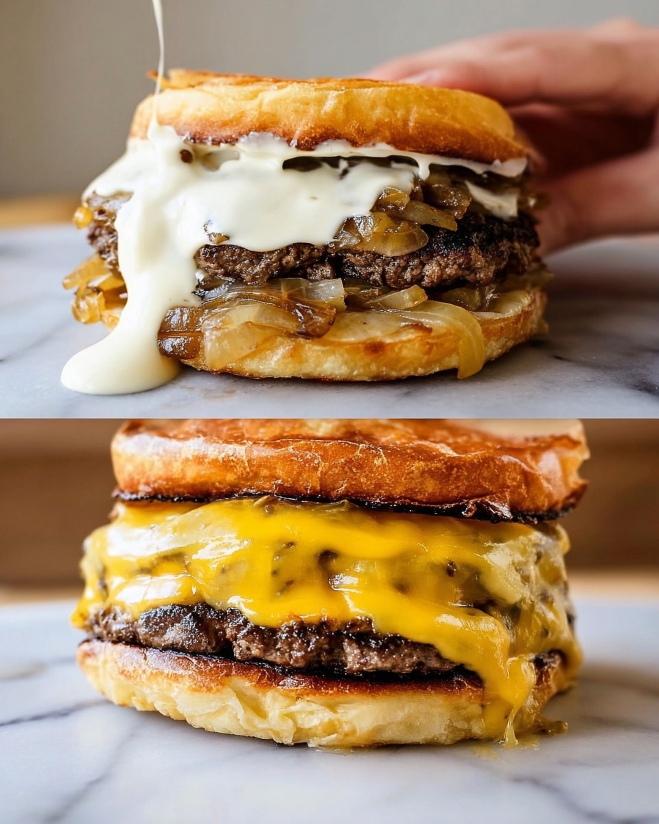 The image shows a double-layer sandwich with layers starting from the bottom with a soft, lightly browned bun that looks toasted. On top of the bun are two thick beef patties with a rich, dark grilled texture and melted bright yellow cheese covering each patty. Above the patties, there are caramelized onions adding a translucent light brown layer, and the sandwich is topped with a generous amount of creamy white sauce that is being poured over it in the left image. In the right image, a woman's hand is lifting the top bun slightly, revealing the thick cheese melting over the patties and sauce below. The sandwich layers are stacked tightly with melted cheese dripping slightly, and the top bun is golden and crispy. The sandwich is placed on a white marbled surface. Photo taken with an iphone --ar 4:5 --v 7