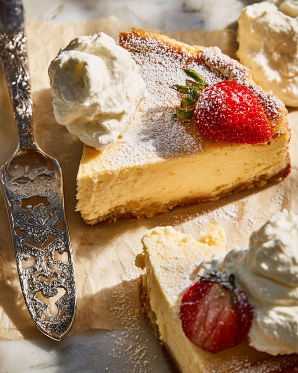 A close-up view of a creamy cheesecake slice with a thick, golden brown crust at the bottom, topped lightly with powdered sugar. Next to the cheesecake slice is a dollop of white whipped cream with a shiny red strawberry beside it. A silver serving utensil with ornate cut-out patterns touches the cheesecake, and a spoon with another dollop of whipped cream is placed near the top left corner. In the foreground on the right side, there is a larger piece of cheesecake topped with thick whipped cream and two strawberries dusted with powdered sugar. The dessert sits on parchment paper over a white marbled surface, bathed in warm light. photo taken with an iphone --ar 4:5 --v 7