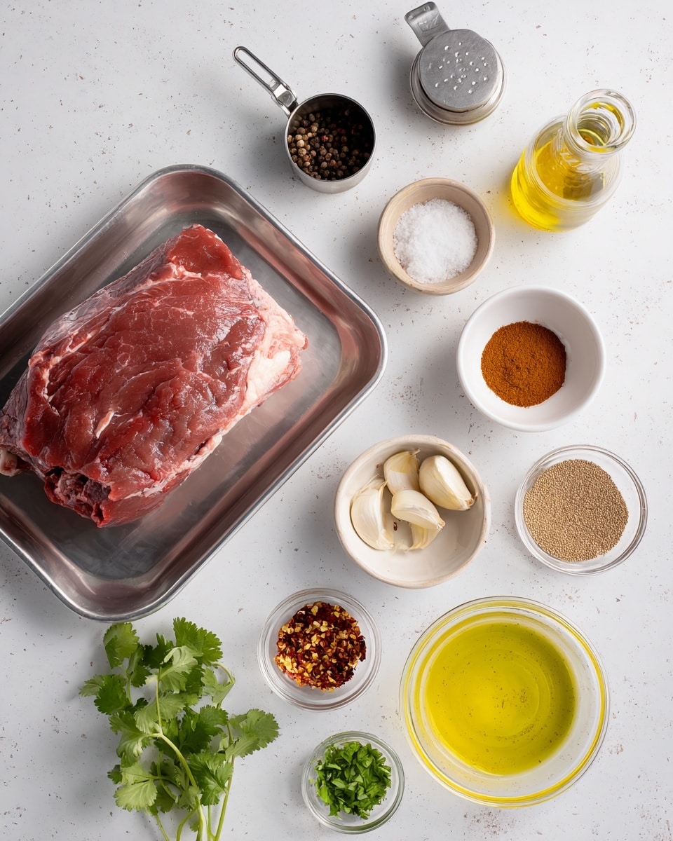 A large piece of raw reddish meat with some white fat lies on a silver tray at the bottom left of the image. Around it on a white marbled surface are ten small bowls and ingredients: green cilantro leaves on the bottom left, a metal measuring cup with black peppercorns at the top left, a white bowl with paprika powder below it, three garlic cloves in the center, a small beige bowl with coarse white salt below the cloves, a clear bowl with yellow oil and a small oil bottle above it, a bowl of brown sugar at the right top, a small beige bowl with brown spice in the center right, a metal measuring cup with chili flakes at the middle right, a small clear bowl with light yellow liquid below that, and a clear bowl with bright green lime zest at the bottom right. The items are neatly spaced. photo taken with an iphone --ar 4:5 --v 7