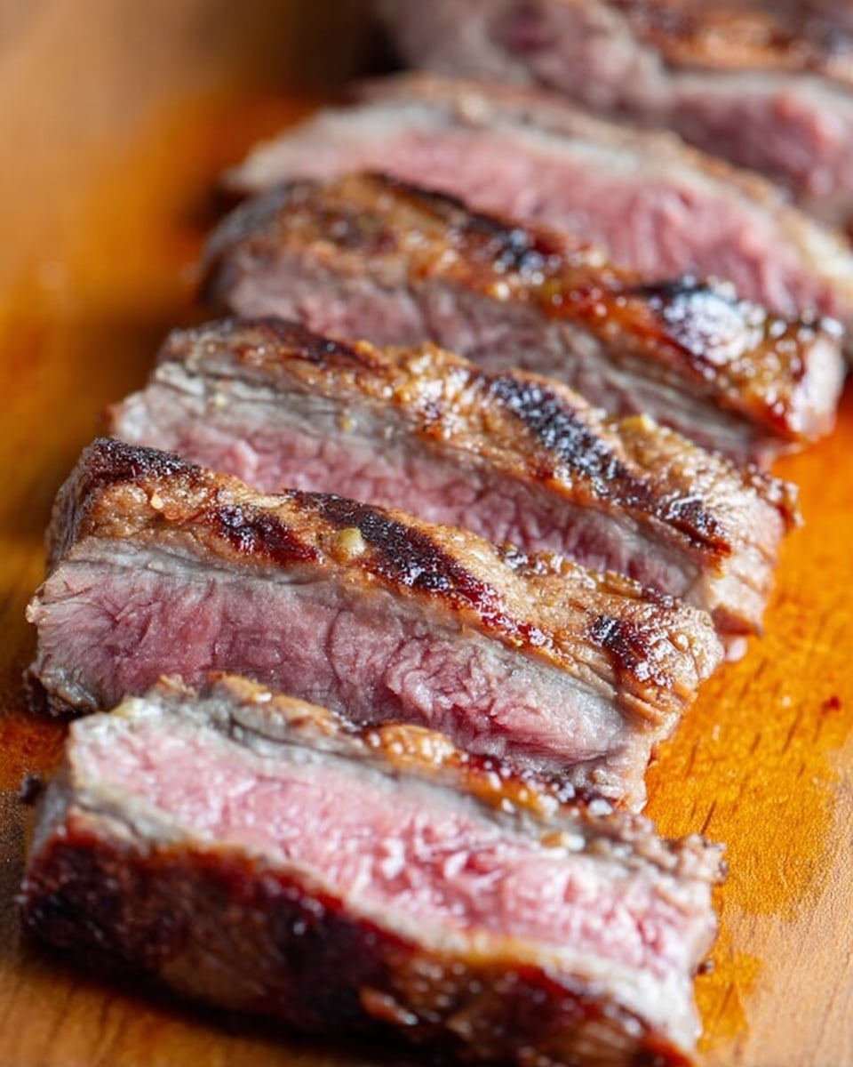 The image shows several thick slices of cooked meat laid out in a row on a wooden surface. Each slice has a browned, slightly crispy outer layer with visible grill marks, while the inside is pink and juicy, showing a tender texture. The meat slices are close together, and the focus highlights the contrast between the browned outside and the pink center. Photo taken with an iphone --ar 4:5 --v 7