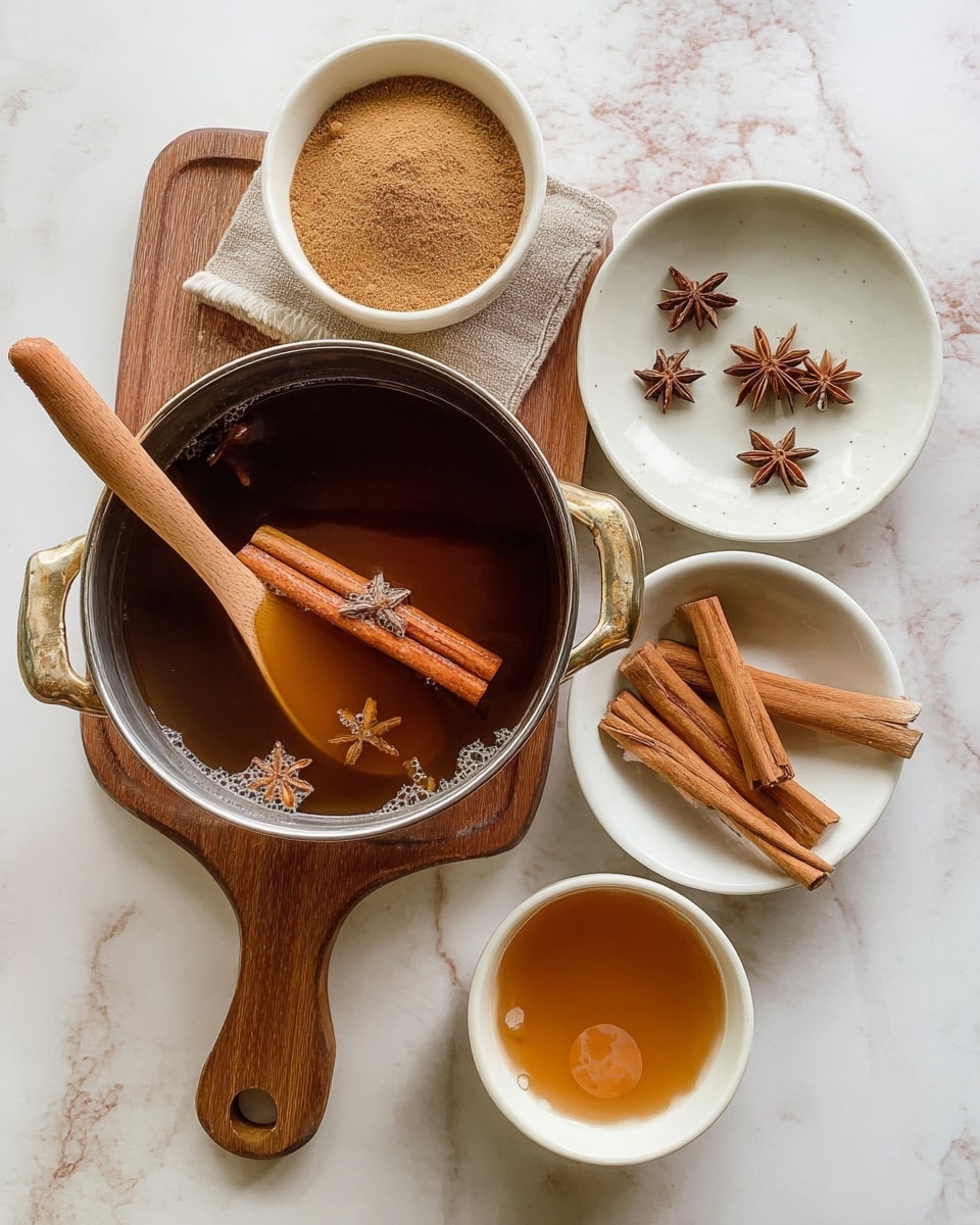 A small silver pot on a wooden board holds a dark brown liquid with two cinnamon sticks and a star anise floating on top, and a wooden spoon rests across the pot’s edge. Above the pot, a small white bowl filled with brown powder sits next to another white bowl with light brown liquid. To the right, a white plate contains several whole cinnamon sticks topped with two star anise pieces. Below the plate, a small white bowl holds a medium brown liquid with a light foam spot. Everything is arranged on a white marbled surface. photo taken with an iphone --ar 4:5 --v 7