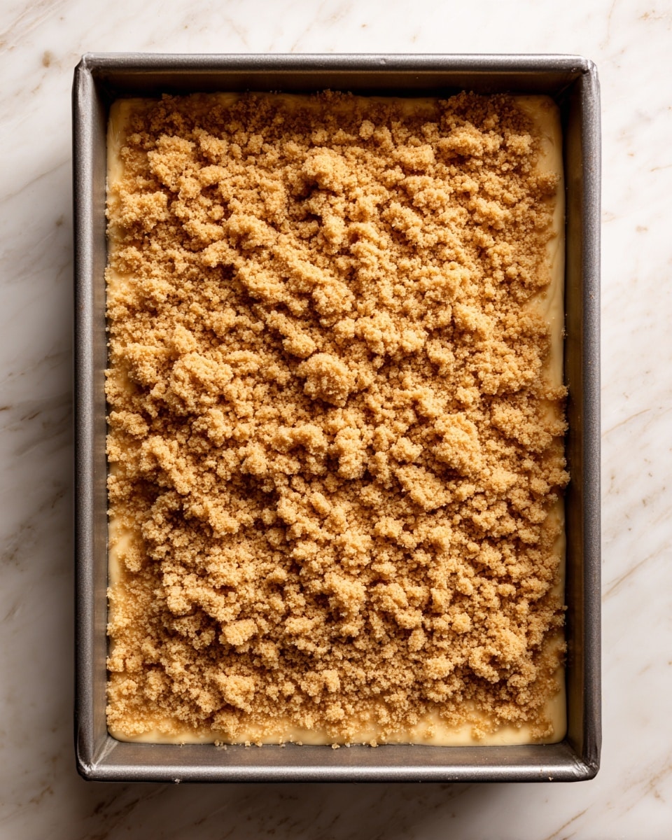 The image shows a rectangular metal baking pan filled with an uncooked crumb-topped dessert. The dessert has a thick bottom layer which is smooth and light in color, likely a batter or fruit base, and is covered by a thick, even layer of crumb topping. The crumb layer is golden brown with small, coarse clusters giving it a crumbly texture. The pan sits on a white marbled surface, and the overall look is rustic and simple, ready for baking. photo taken with an iphone --ar 4:5 --v 7