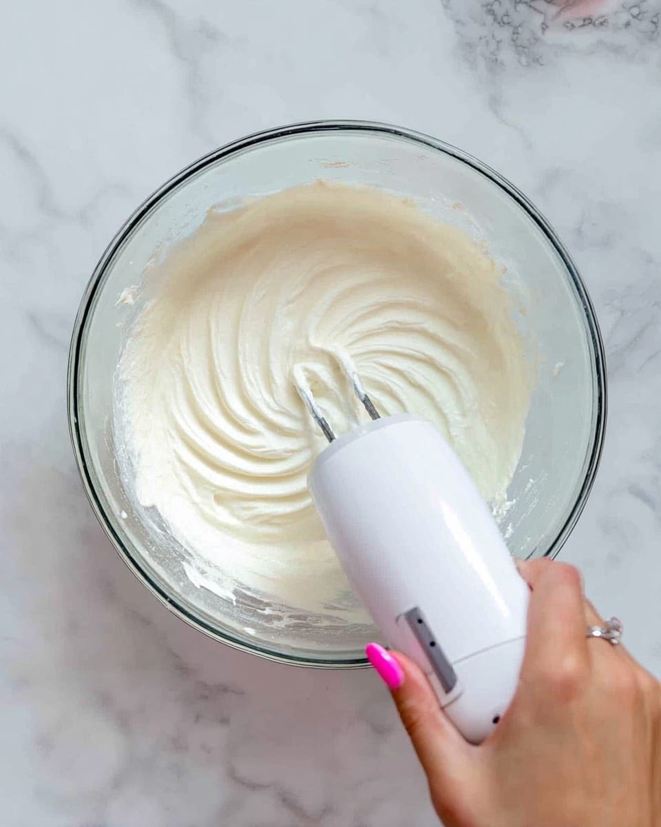 A clear glass bowl filled with white, smooth, and creamy mixture being whipped by a white electric hand mixer from the top center. A woman's hand holding the mixer, showing polished pink nails, is visible on the right side of the bowl. The bowl is placed on a white marbled surface. The mixture has a soft, fluffy texture with swirls visible due to the mixing motion. photo taken with an iphone --ar 4:5 --v 7