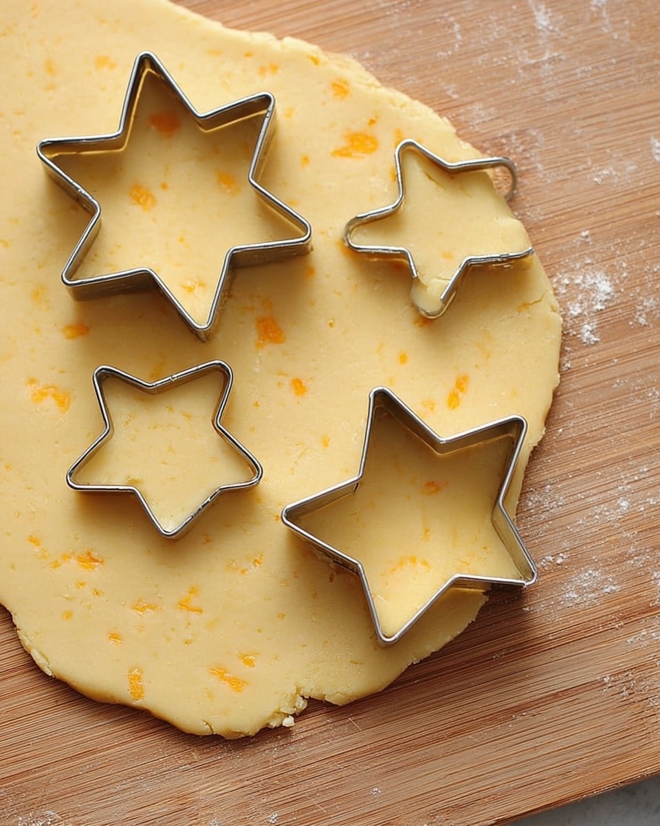 A wooden board is covered with a rolled-out, light yellow dough spread thinly. Four star shapes are cut out of the dough using two metal star-shaped cutters, one still inside the dough with its edges pressed down, and the other resting on the dough. The dough looks smooth with small, scattered orange specks. The board has a natural wood grain texture, and the scene is simple with no extra items visible. photo taken with an iphone --ar 4:5 --v 7