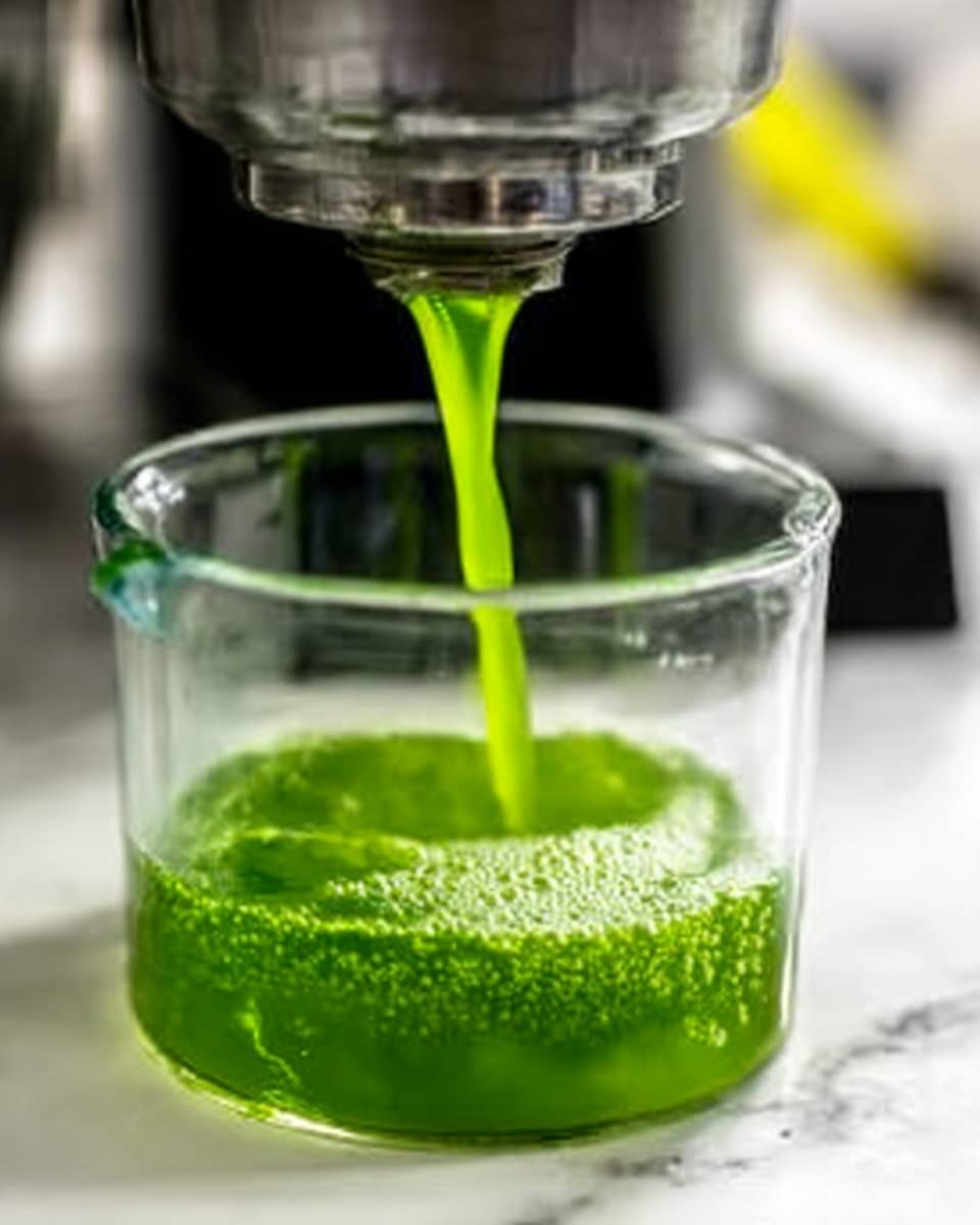 The image shows a clear glass container being filled with a bright green liquid. The liquid flows smoothly from a machine nozzle above, creating a fresh, vibrant stream into the container. Small bubbles float on the surface of the green liquid inside the container. The scene is set against a white marbled surface with a close-up view focusing on the pouring action. photo taken with an iphone --ar 4:5 --v 7