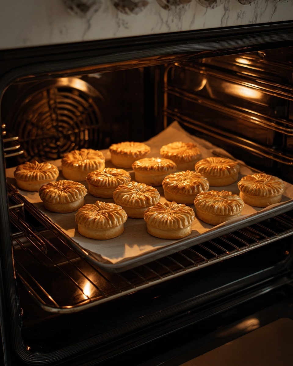A tray inside an oven holds fifteen round, golden brown pastries with detailed floral patterns on their tops. The pastries have slightly raised edges and a soft, baked texture with a warm light shining on them from the oven's heating element. The tray is lined with parchment paper, and the oven interior is dark with metallic racks. The oven door is open, showing a white marbled surface outside with part of the stove visible next to it. photo taken with an iphone --ar 4:5 --v 7