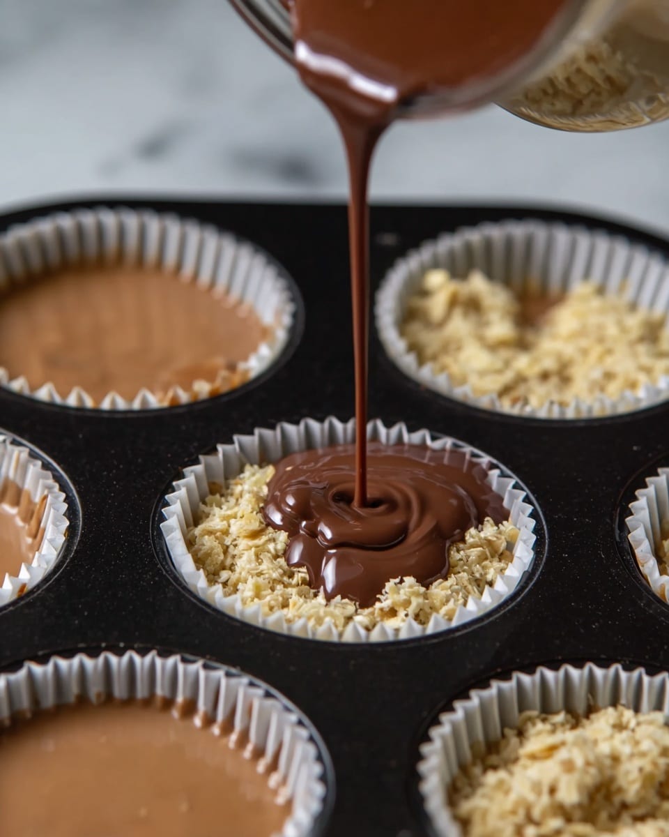The image shows a close-up of a cupcake tray with white paper liners holding a mixture of light beige, rough-textured oats or shredded ingredients at the bottom. A smooth, shiny medium brown chocolate liquid is being poured in a thin stream onto the oat layer in one of the liners, creating a glossy pool on top. Other liners in the tray hold similar mixtures with the chocolate layer already poured, showing a smooth light brown surface. The cupcake tray is black and sits on a white marbled surface, with a blurred background focusing on the pouring action. photo taken with an iphone --ar 4:5 --v 7