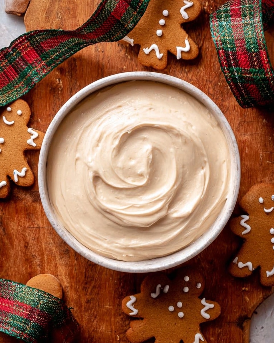 A top view of a white bowl filled with smooth, creamy beige frosting that has soft swirls on its surface, sitting on a warm brown wooden table. Around the bowl, there are several gingerbread cookies shaped like little people, decorated with white icing for eyes, smiles, buttons, and arm details. A green, red, and yellow plaid ribbon is partially visible, curving near the bowl and cookies. The background is a white marbled texture. photo taken with an iphone --ar 4:5 --v 7