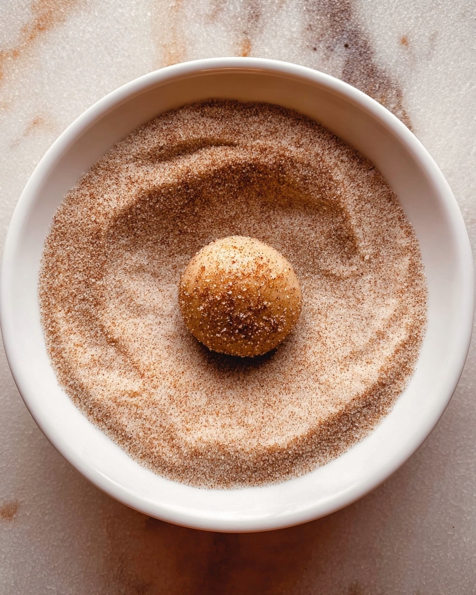 A white bowl filled with a layer of fine cinnamon sugar that covers the entire base, creating a smooth sandy texture with specks of darker cinnamon. In the center, there is a single round ball of dough that is light brown and slightly shiny, dusted lightly with the same cinnamon sugar on top. The bowl is set on a white marbled surface, showing a warm and cozy feel. photo taken with an iphone --ar 4:5 --v 7