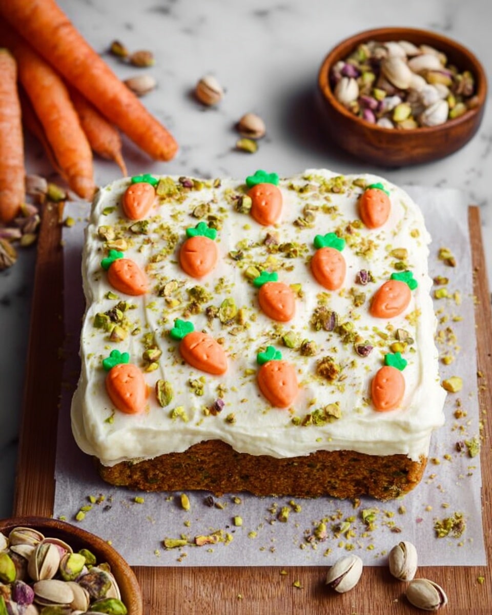 A square single-layer carrot cake on white parchment paper, covered with thick, creamy white frosting with a smooth, slightly whipped texture. The frosting is decorated with small orange carrot shapes topped with green leaves, evenly spread on the surface. The cake is sprinkled with crushed pistachios and whole pistachio nuts. The cake sits on a wooden table with a white marbled texture background. To the side, there is a small wooden bowl filled with pistachios and fresh whole carrots arranged nearby. photo taken with an iphone --ar 4:5 --v 7