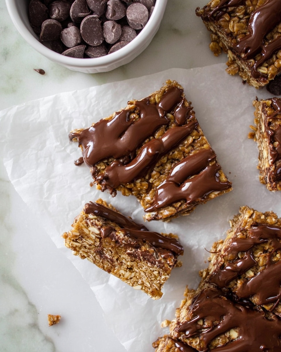 The image shows a close-up of several square oat bars with a rough texture made from oats and nuts. Each bar has a thick layer of melted dark brown chocolate drizzled unevenly on top, with some chocolate pooling in certain areas. One of the oat bars has a bite taken out of the corner, revealing the dense, slightly crumbly oat mixture inside. The bars are placed on white parchment paper, set against a white marbled surface. In the upper left corner, a white bowl filled with chocolate chips is partially visible. photo taken with an iphone --ar 4:5 --v 7