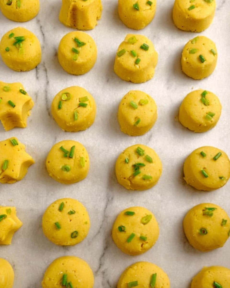 The image shows multiple small yellow round and star-shaped dough pieces placed neatly in rows on white parchment paper. Each dough piece is smooth in texture and topped with small green chive slices scattered across the surface, adding a fresh contrast. The dough shapes are evenly spaced on the paper, which rests on a white marbled surface. Photo taken with an iphone --ar 4:5 --v 7
