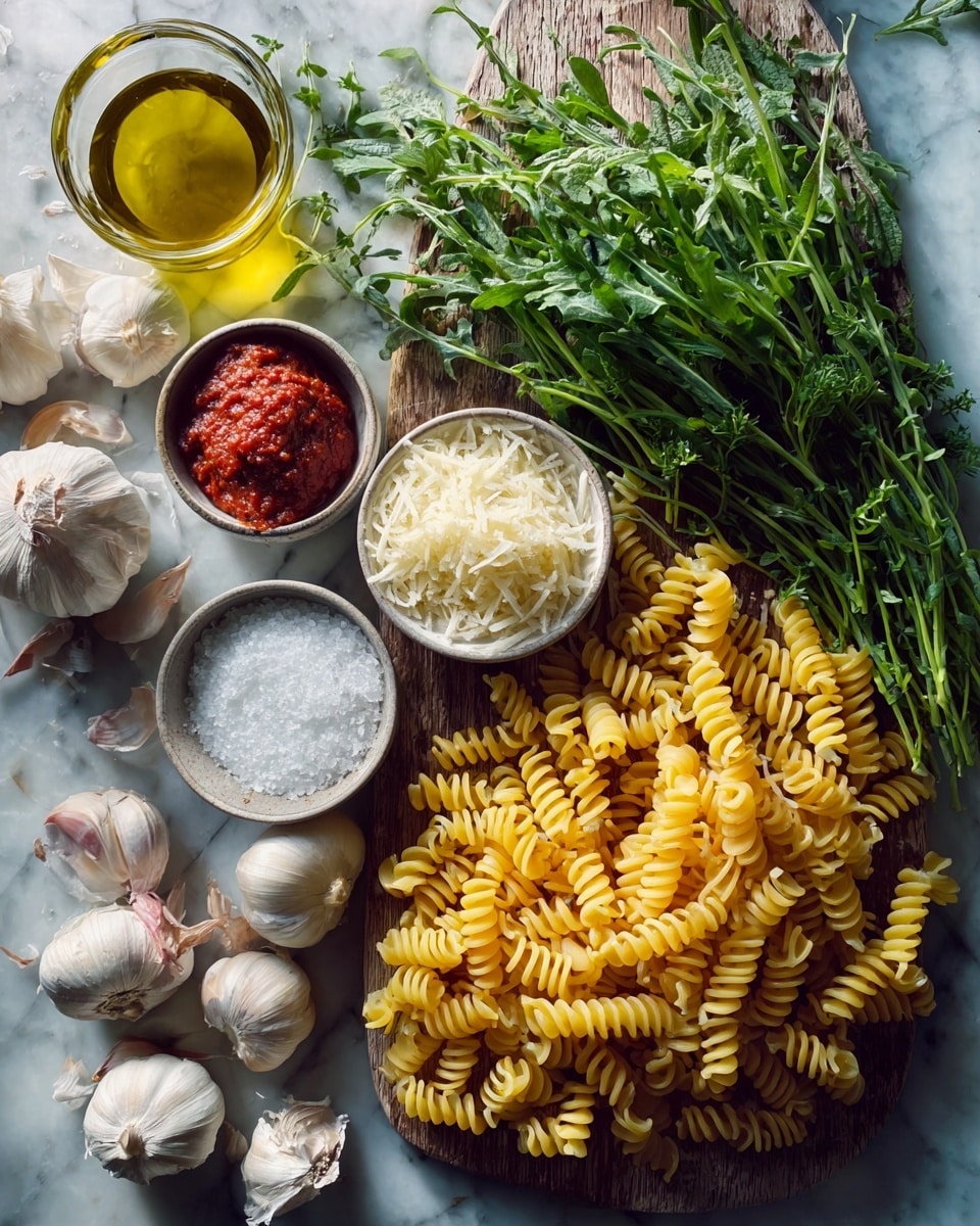 The image shows a flat lay of cooking ingredients on a white marbled surface. On the right, a wooden board holds a loose pile of twisted yellow pasta spirals. Next to the pasta are fresh green herbs with fine leaves, laying flat and slightly overlapping the board. Around them are small white bowls filled with coarse white salt, finely shredded pale yellow cheese, and a bright red paste, all arranged neatly. On the left side, there are whole cloves of white garlic along with whole heads of garlic and some more green herbs with long stems. A clear glass bowl of golden oil sits near the top left. The colors are natural and fresh, creating a balanced and inviting scene. Photo taken with an iphone --ar 4:5 --v 7
